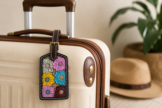 Blossom tooled leather luggage tag