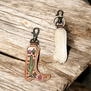 Cactus boot cowhide & tooled leather Keychain