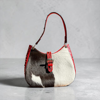 Red tooled leather & cowhide shoulder bag
