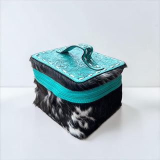 Turquoise tooled leather & cowhide makeup box