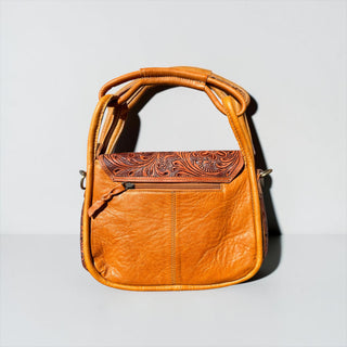 Tan tooled leather & cowhide shoulder bag