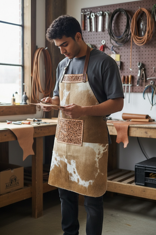 Floral tooled leather cowhide apron