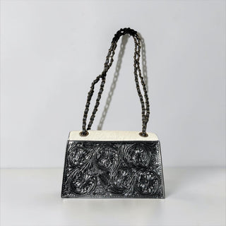 Black tooled leather & cowhide shoulder bag