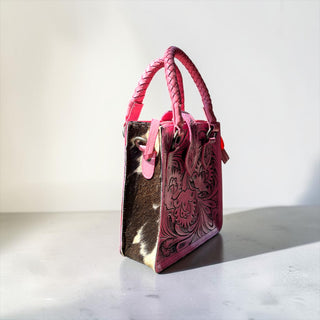 Pink tooled leather & cowhide crossbody bag