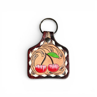 Cherry tooled leather & cowhide keychain