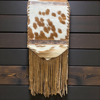 6ft tooled leather & cowhide fringe table runner