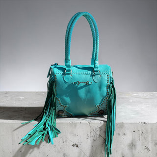 Turquoise fringe leather handbag