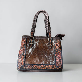Dark brown tooled leather & cowhide shoulder bag