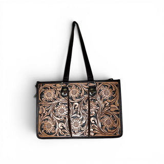 Brown tooled leather tote bag