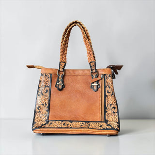 Tan tooled leather & cowhide shoulder bag