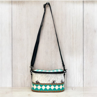 Turquoise checker tooled & cowhide makeup bag