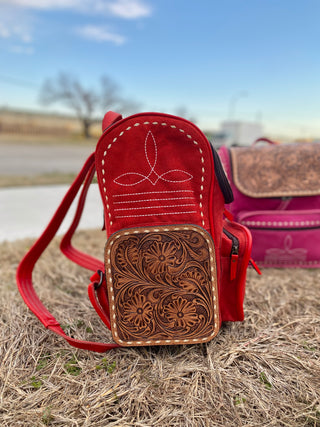 Red BootStitch Suede Leather & Tooled Backpack