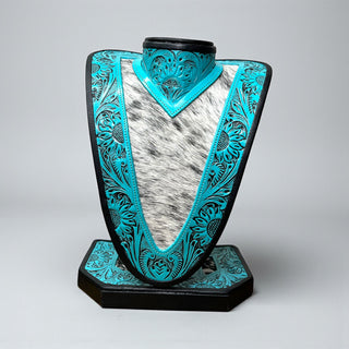 Turquoise tooled leather & cowhide necklace display