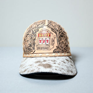 Slot tooled leather & cowhide caps