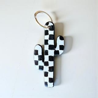 Checkered cactus tooled leather & cowhide keychain