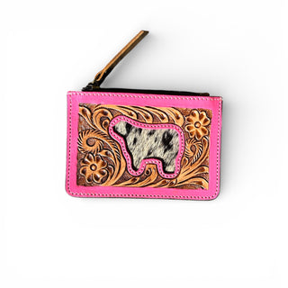 Pink tooled leather & cowhide coin pouch
