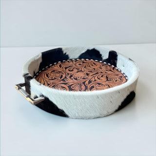 Brown tooled leather & cowhide tray