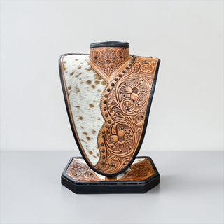 Brown tooled leather & cowhide necklace display