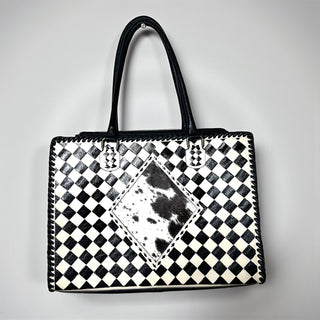 Checkered tooled leather & cowhide tote bag