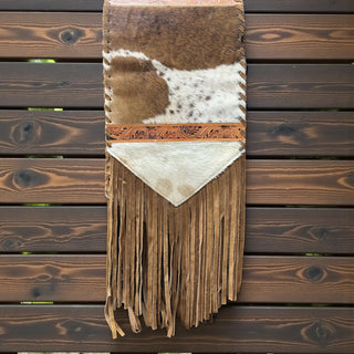6ft tan tooled leather fringe table runner
