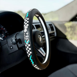 14.5”-15”Checker tooled leather steering wheel cover