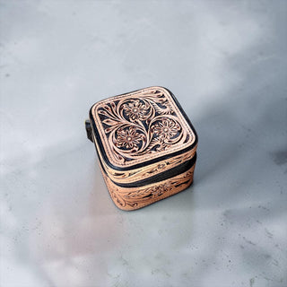 Tan small tooled leather jewelry box