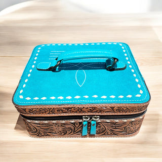 Turquoise BootStitch suede & tooled leather jewelry box