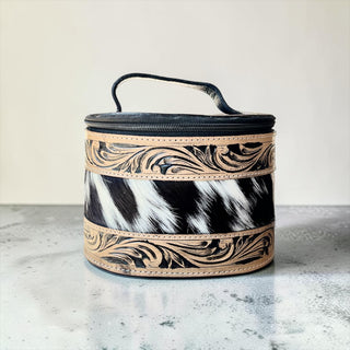 Tan/black tooled leather & cowhide jewelry box