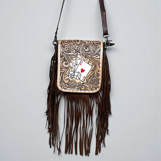 Cards tooled leather fringe bag