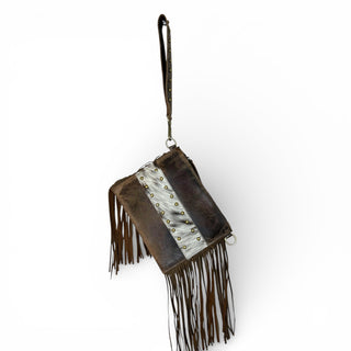 Rust leather & cowhide fringe crossbody/wristlet