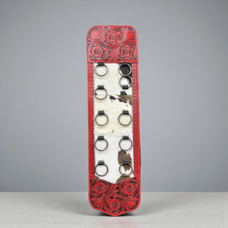 Red tooled leather & cowhide scarf holder