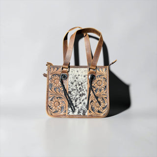 Tan/black tooled leather & cowhide shoulder bag