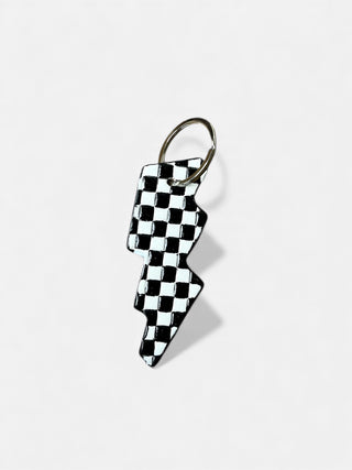 Lightning checkered tooled leather & cowhide keychain