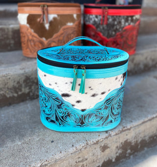 Turquoise Cowhide Tooled Leather Makeup Box