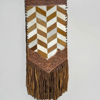 Tan patchwork cowhide & tooled leather table runner