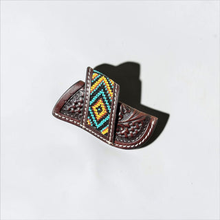 Brown tooled leather Aztec knife sheath