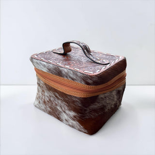 Tan tooled leather & cowhide makeup box