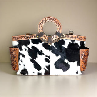 Daisy tooled leather & cowhide diaper bag