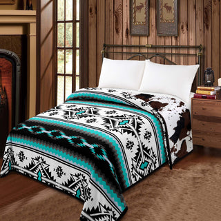 Turquoise Aztec - Cowprint Mia Reversible 2 Design Blanket