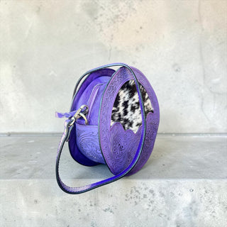 Purple tooled leather & cowhide canteen bag
