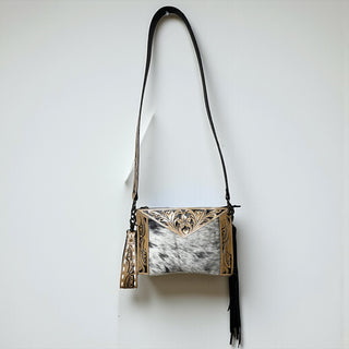 Black/Tan tooled leather & cowhide crossbody bag