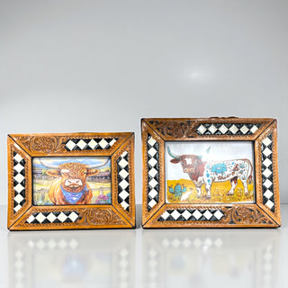 Checkered tooled leather picture frame