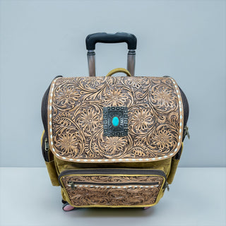 All leather floral tooled leather rolling backpack