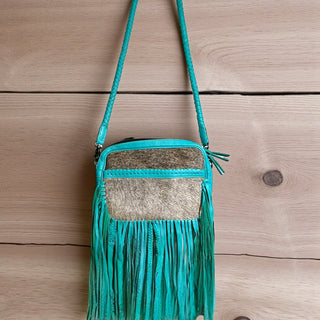 Turquoise cowhide & leather fringe crossbody bag