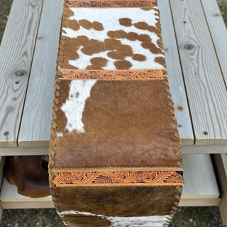 6ft tan tooled leather fringe table runner