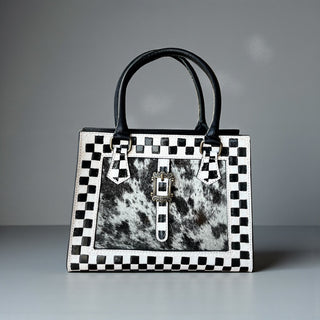 Checker tooled leather & cowhide tote bag