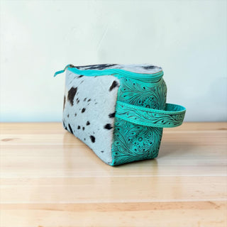 Turquoise cowhide & leather makeup bag