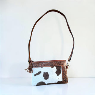 Brown tooled leather & cowhide crossbody bag