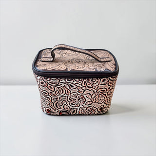 Floral embossed leather makeup bag