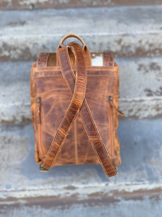 Tan Tooled Leather & Cowhide Backpack